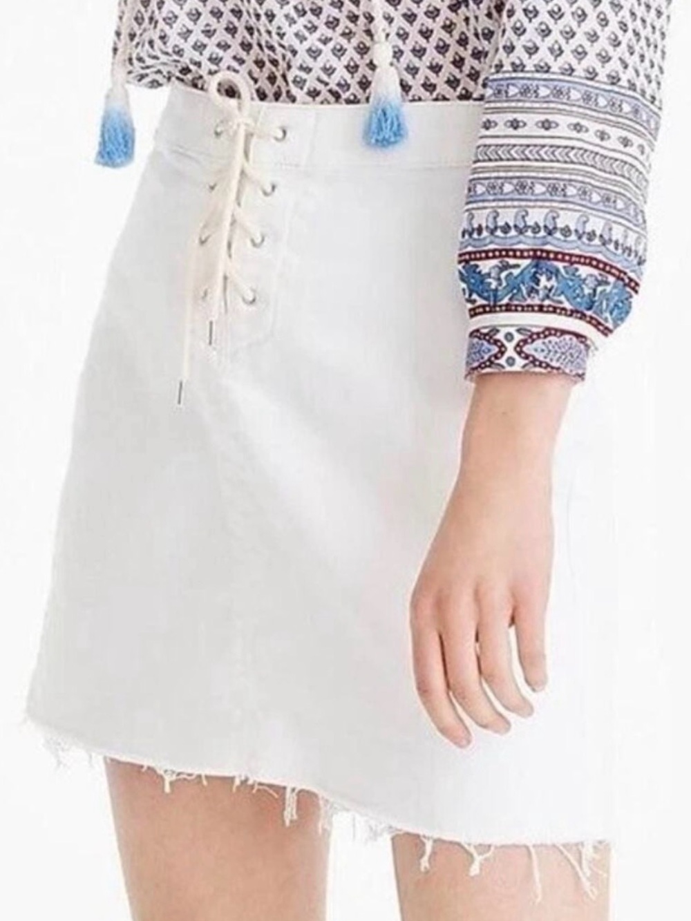 JCrew White Lace-up denim mini skirt with raw hem